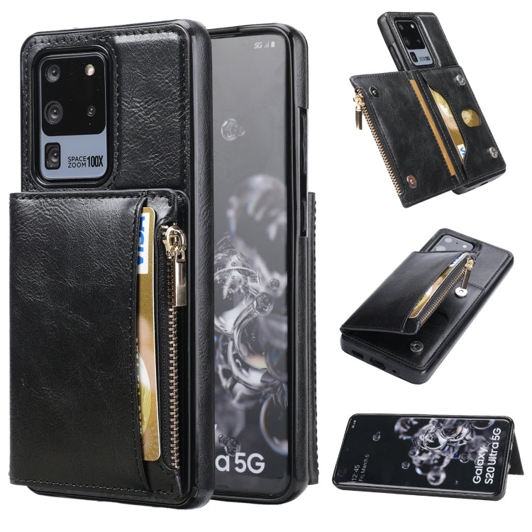 For Samsung Galaxy S20 Ultra Zipper Wallet Bag PU Back Cover Shockrpoof Phone Case with Holder & Card Slots & Wallet