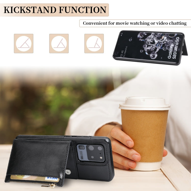 For Samsung Galaxy S20 Ultra Zipper Wallet Bag PU Back Cover Shockrpoof Phone Case with Holder & Card Slots & Wallet