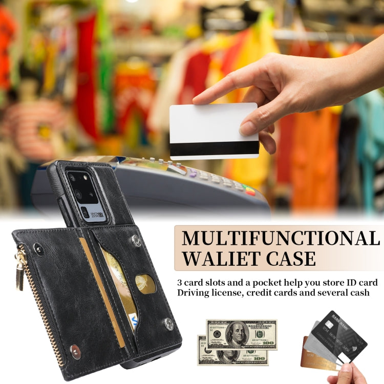 For Samsung Galaxy S20 Ultra Zipper Wallet Bag PU Back Cover Shockrpoof Phone Case with Holder & Card Slots & Wallet
