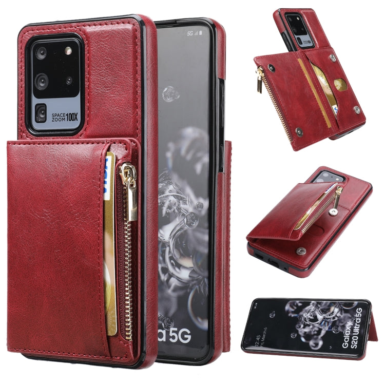For Samsung Galaxy S20 Ultra Zipper Wallet Bag PU Back Cover Shockrpoof Phone Case with Holder & Card Slots & Wallet