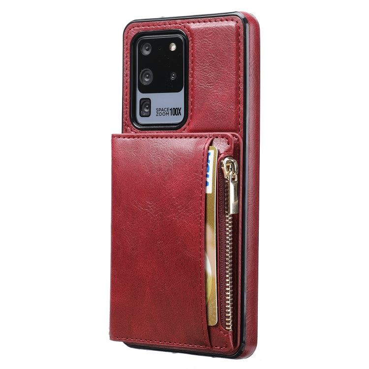 For Samsung Galaxy S20 Ultra Zipper Wallet Bag PU Back Cover Shockrpoof Phone Case with Holder & Card Slots & Wallet