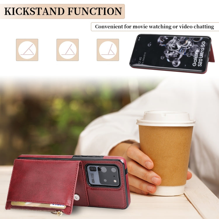 For Samsung Galaxy S20 Ultra Zipper Wallet Bag PU Back Cover Shockrpoof Phone Case with Holder & Card Slots & Wallet