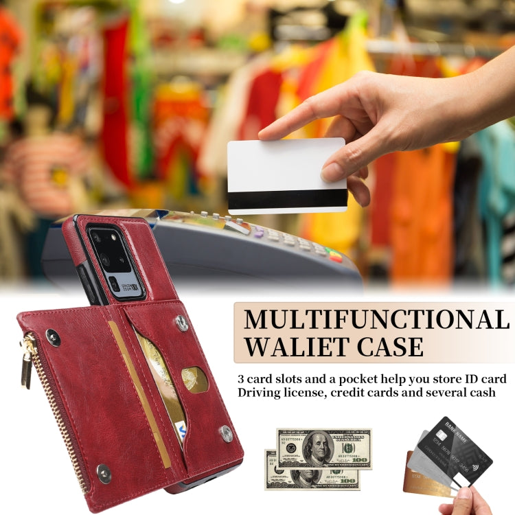 For Samsung Galaxy S20 Ultra Zipper Wallet Bag PU Back Cover Shockrpoof Phone Case with Holder & Card Slots & Wallet