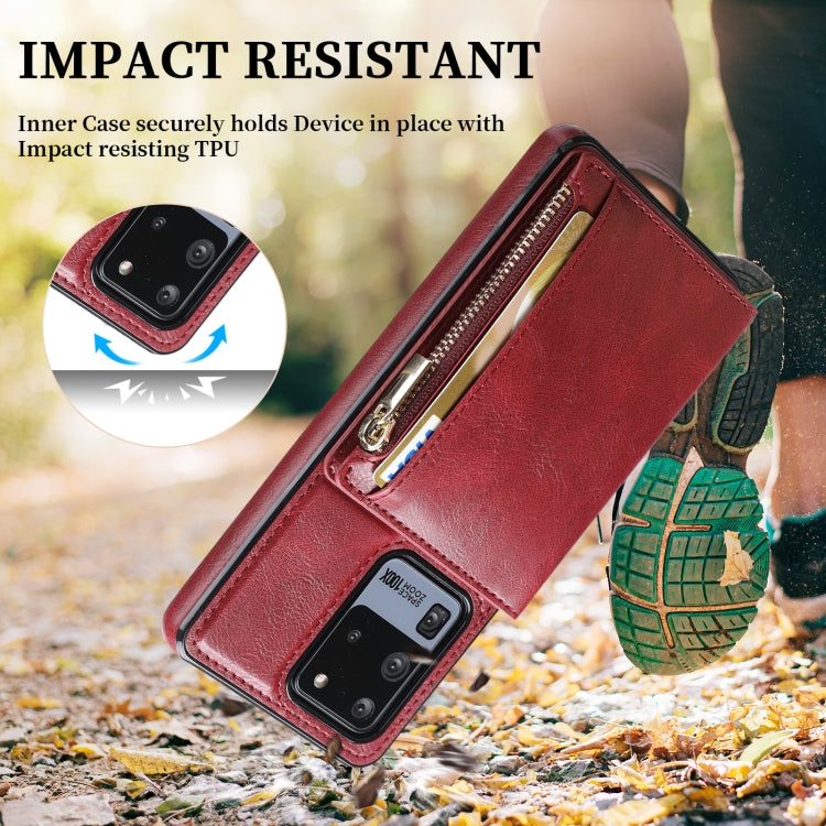 For Samsung Galaxy S20 Ultra Zipper Wallet Bag PU Back Cover Shockrpoof Phone Case with Holder & Card Slots & Wallet