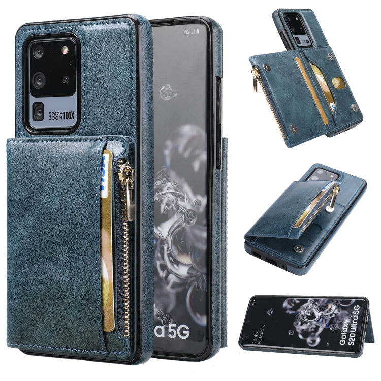For Samsung Galaxy S20 Ultra Zipper Wallet Bag PU Back Cover Shockrpoof Phone Case with Holder & Card Slots & Wallet