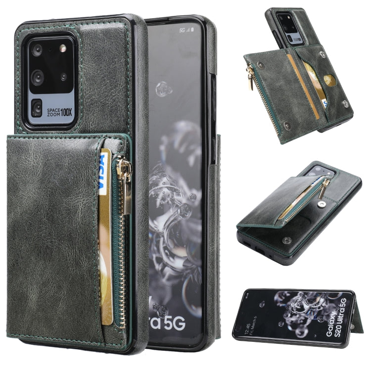 For Samsung Galaxy S20 Ultra Zipper Wallet Bag PU Back Cover Shockrpoof Phone Case with Holder & Card Slots & Wallet