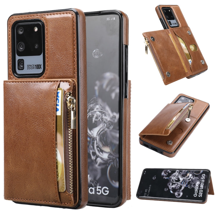 For Samsung Galaxy S20 Ultra Zipper Wallet Bag PU Back Cover Shockrpoof Phone Case with Holder & Card Slots & Wallet