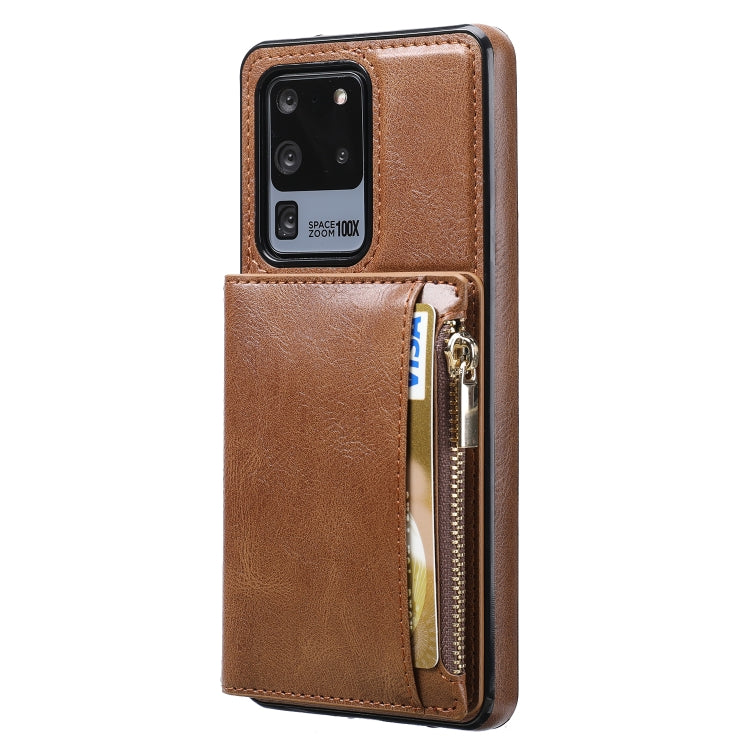 For Samsung Galaxy S20 Ultra Zipper Wallet Bag PU Back Cover Shockrpoof Phone Case with Holder & Card Slots & Wallet