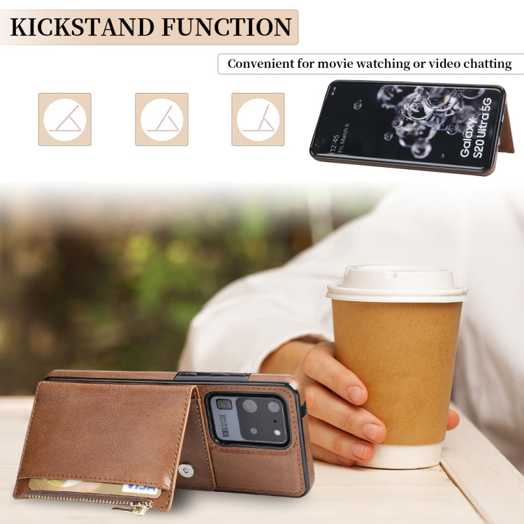 For Samsung Galaxy S20 Ultra Zipper Wallet Bag PU Back Cover Shockrpoof Phone Case with Holder & Card Slots & Wallet