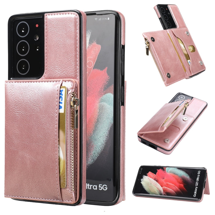 For Samsung Galaxy S21 Ultra 5G Zipper Wallet Bag PU Back Cover Shockrpoof Phone Case with Holder & Card Slots & Wallet