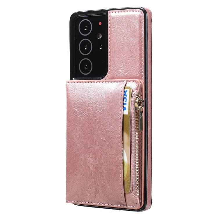 For Samsung Galaxy S21 Ultra 5G Zipper Wallet Bag PU Back Cover Shockrpoof Phone Case with Holder & Card Slots & Wallet