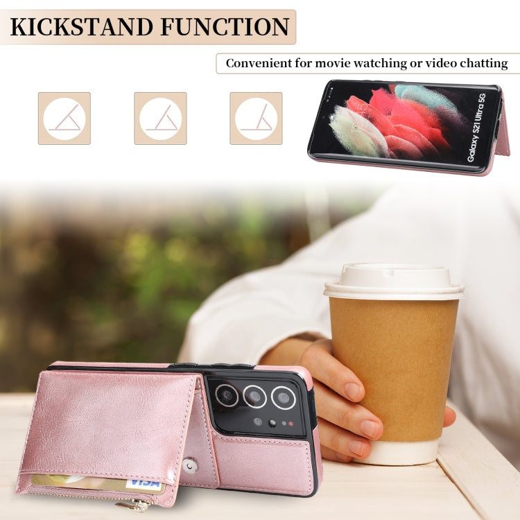 For Samsung Galaxy S21 Ultra 5G Zipper Wallet Bag PU Back Cover Shockrpoof Phone Case with Holder & Card Slots & Wallet