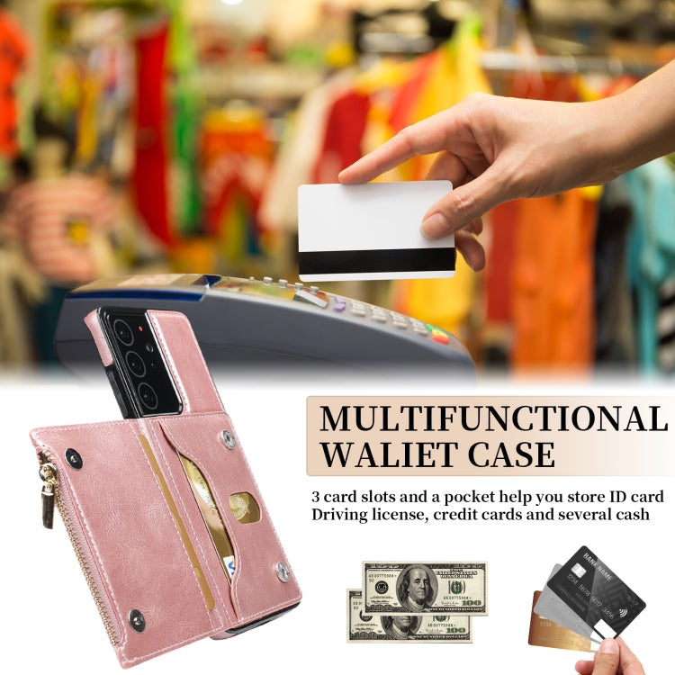 For Samsung Galaxy S21 Ultra 5G Zipper Wallet Bag PU Back Cover Shockrpoof Phone Case with Holder & Card Slots & Wallet
