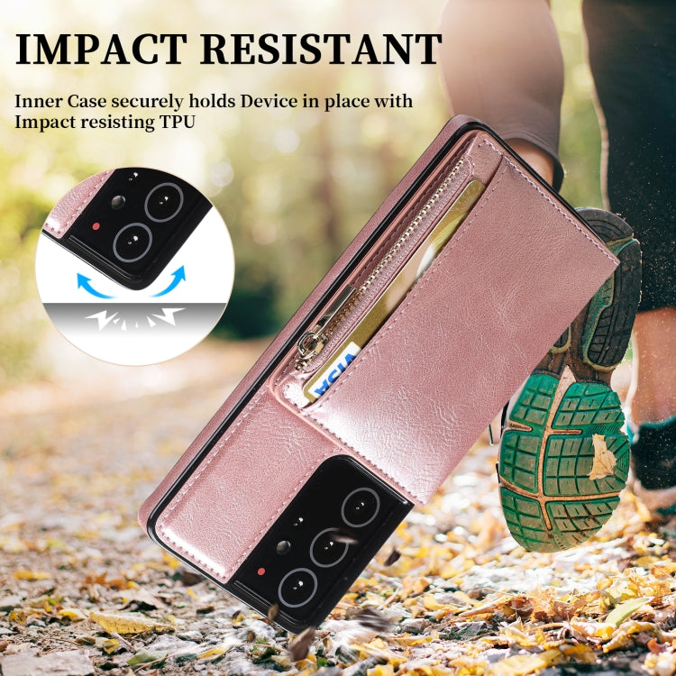 For Samsung Galaxy S21 Ultra 5G Zipper Wallet Bag PU Back Cover Shockrpoof Phone Case with Holder & Card Slots & Wallet