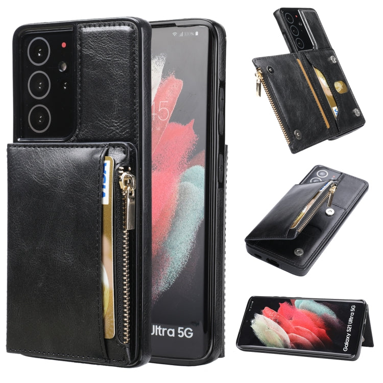 For Samsung Galaxy S21 Ultra 5G Zipper Wallet Bag PU Back Cover Shockrpoof Phone Case with Holder & Card Slots & Wallet
