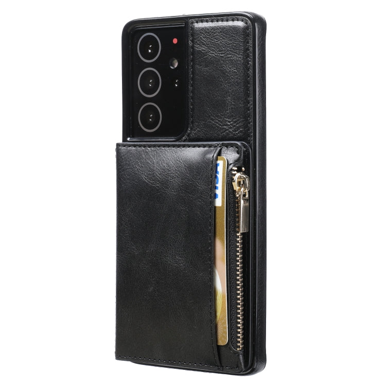 For Samsung Galaxy S21 Ultra 5G Zipper Wallet Bag PU Back Cover Shockrpoof Phone Case with Holder & Card Slots & Wallet