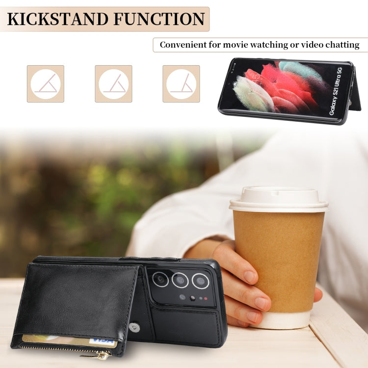 For Samsung Galaxy S21 Ultra 5G Zipper Wallet Bag PU Back Cover Shockrpoof Phone Case with Holder & Card Slots & Wallet