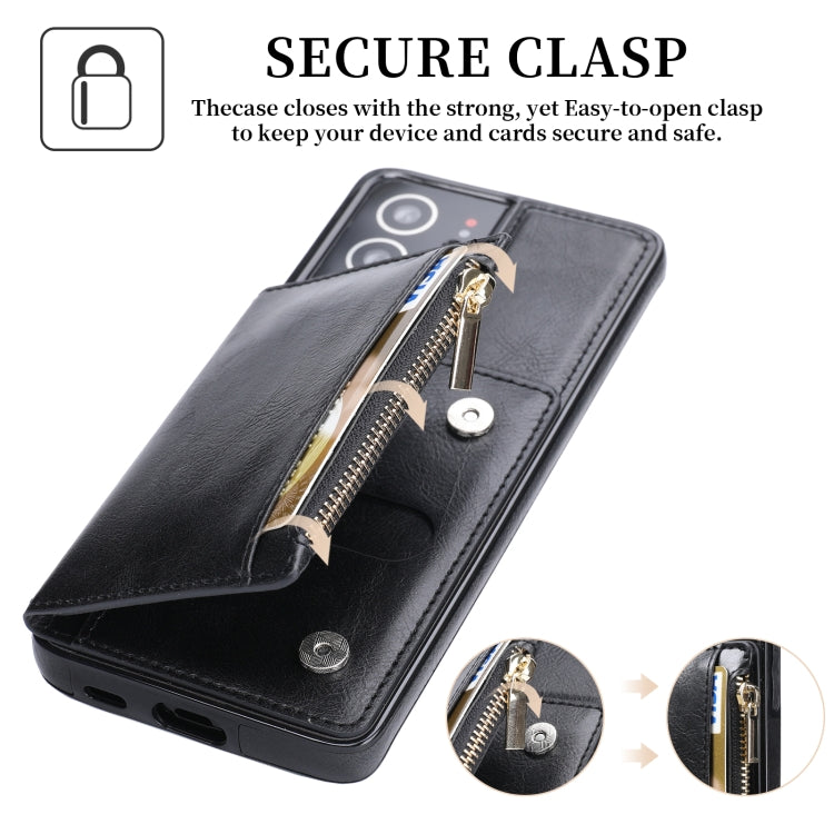 For Samsung Galaxy S21 Ultra 5G Zipper Wallet Bag PU Back Cover Shockrpoof Phone Case with Holder & Card Slots & Wallet