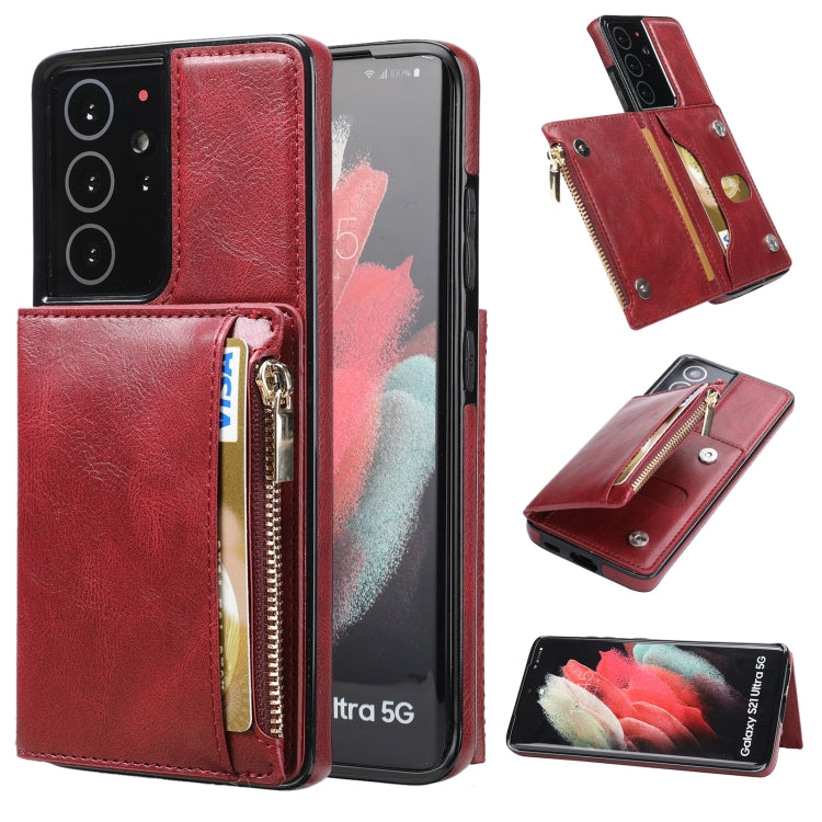 For Samsung Galaxy S21 Ultra 5G Zipper Wallet Bag PU Back Cover Shockrpoof Phone Case with Holder & Card Slots & Wallet
