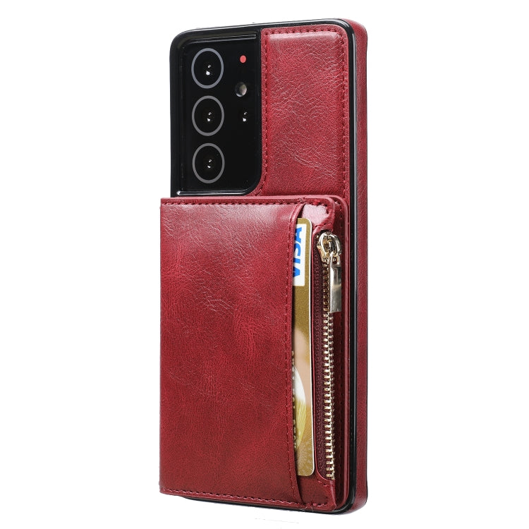 For Samsung Galaxy S21 Ultra 5G Zipper Wallet Bag PU Back Cover Shockrpoof Phone Case with Holder & Card Slots & Wallet