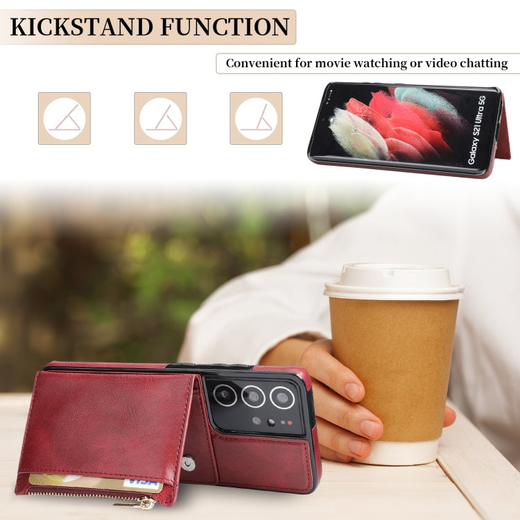 For Samsung Galaxy S21 Ultra 5G Zipper Wallet Bag PU Back Cover Shockrpoof Phone Case with Holder & Card Slots & Wallet