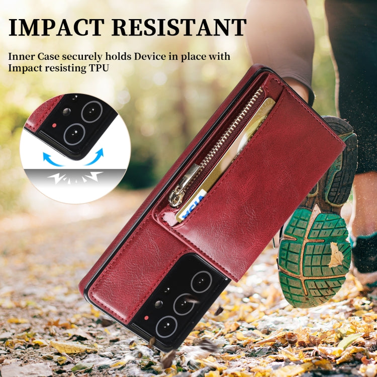 For Samsung Galaxy S21 Ultra 5G Zipper Wallet Bag PU Back Cover Shockrpoof Phone Case with Holder & Card Slots & Wallet