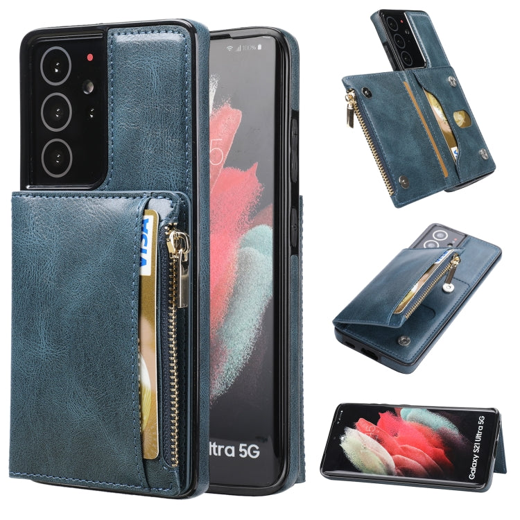 For Samsung Galaxy S21 Ultra 5G Zipper Wallet Bag PU Back Cover Shockrpoof Phone Case with Holder & Card Slots & Wallet