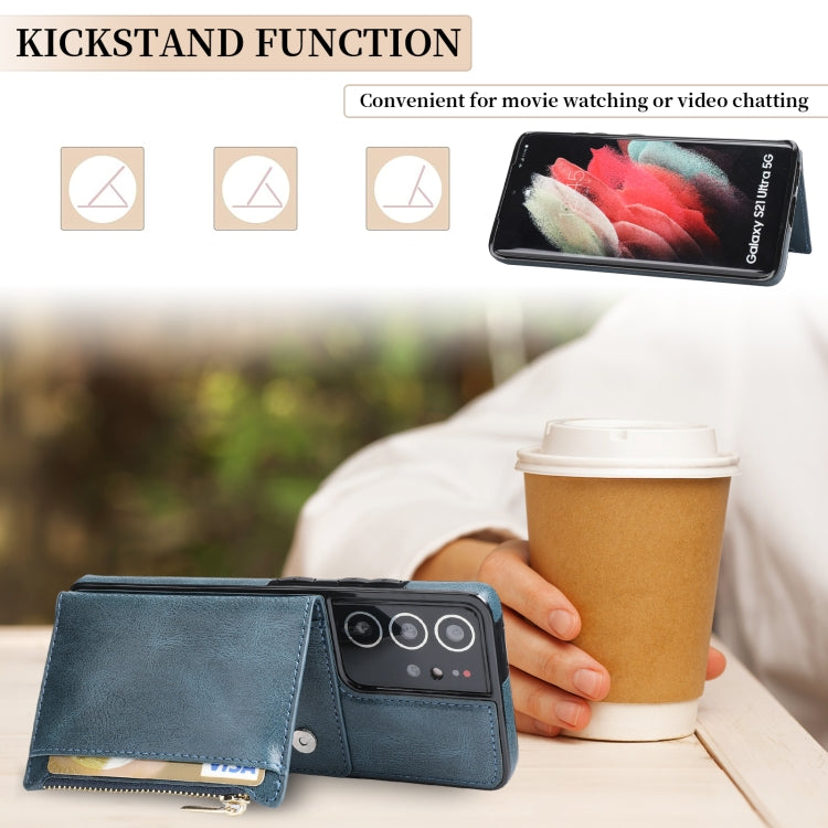For Samsung Galaxy S21 Ultra 5G Zipper Wallet Bag PU Back Cover Shockrpoof Phone Case with Holder & Card Slots & Wallet
