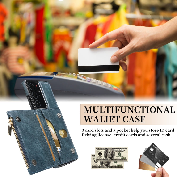 For Samsung Galaxy S21 Ultra 5G Zipper Wallet Bag PU Back Cover Shockrpoof Phone Case with Holder & Card Slots & Wallet