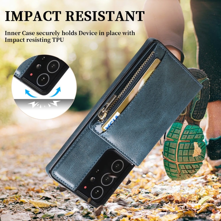 For Samsung Galaxy S21 Ultra 5G Zipper Wallet Bag PU Back Cover Shockrpoof Phone Case with Holder & Card Slots & Wallet
