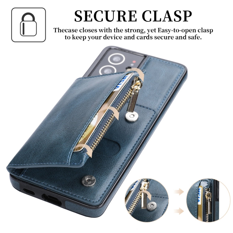 For Samsung Galaxy S21 Ultra 5G Zipper Wallet Bag PU Back Cover Shockrpoof Phone Case with Holder & Card Slots & Wallet