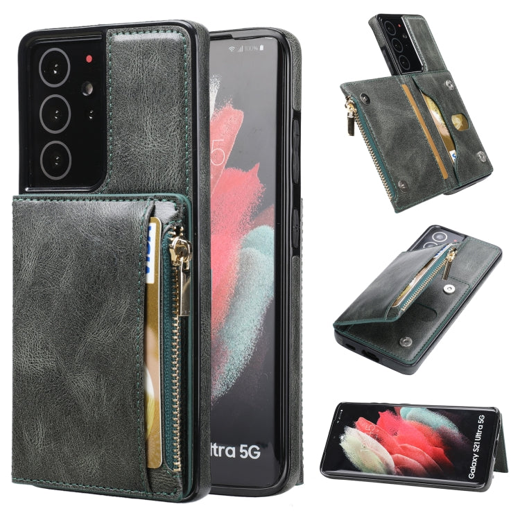 For Samsung Galaxy S21 Ultra 5G Zipper Wallet Bag PU Back Cover Shockrpoof Phone Case with Holder & Card Slots & Wallet