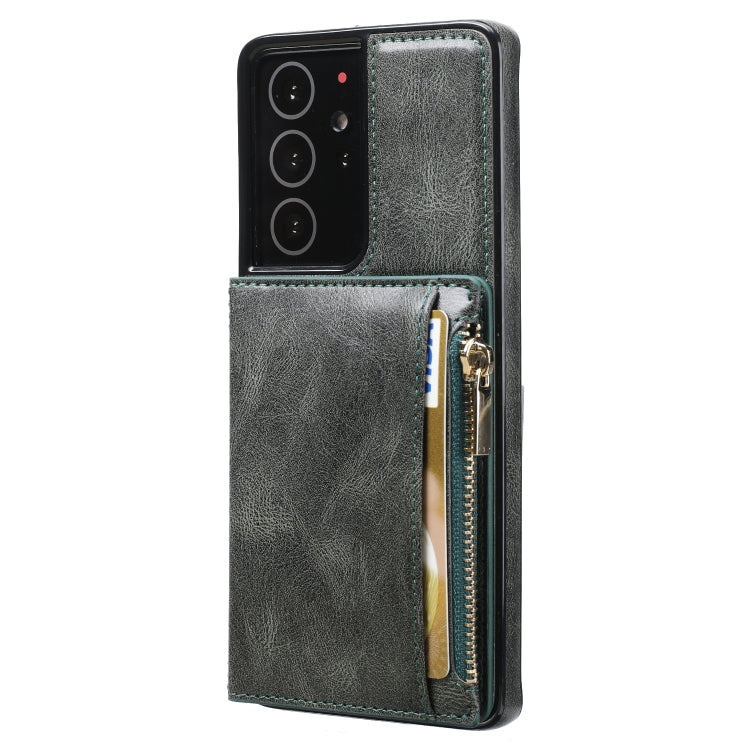 For Samsung Galaxy S21 Ultra 5G Zipper Wallet Bag PU Back Cover Shockrpoof Phone Case with Holder & Card Slots & Wallet