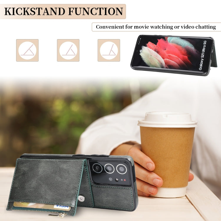 For Samsung Galaxy S21 Ultra 5G Zipper Wallet Bag PU Back Cover Shockrpoof Phone Case with Holder & Card Slots & Wallet