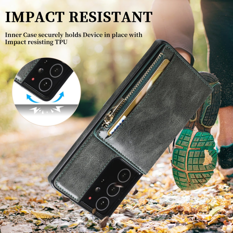 For Samsung Galaxy S21 Ultra 5G Zipper Wallet Bag PU Back Cover Shockrpoof Phone Case with Holder & Card Slots & Wallet