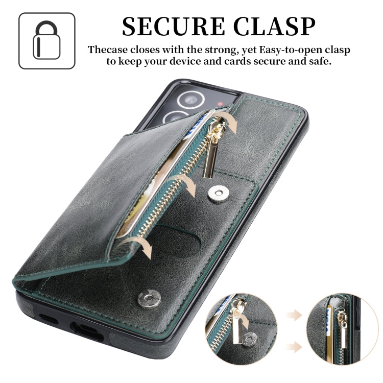 For Samsung Galaxy S21 Ultra 5G Zipper Wallet Bag PU Back Cover Shockrpoof Phone Case with Holder & Card Slots & Wallet