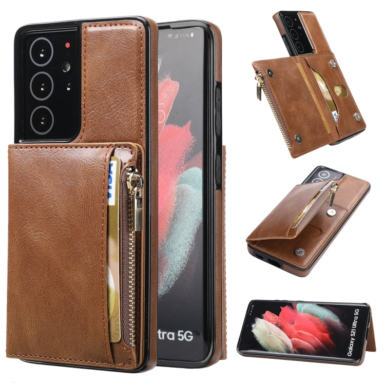 For Samsung Galaxy S21 Ultra 5G Zipper Wallet Bag PU Back Cover Shockrpoof Phone Case with Holder & Card Slots & Wallet