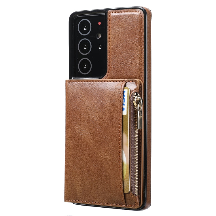 For Samsung Galaxy S21 Ultra 5G Zipper Wallet Bag PU Back Cover Shockrpoof Phone Case with Holder & Card Slots & Wallet