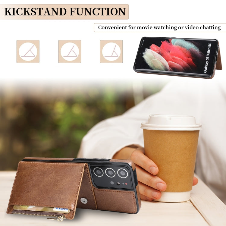 For Samsung Galaxy S21 Ultra 5G Zipper Wallet Bag PU Back Cover Shockrpoof Phone Case with Holder & Card Slots & Wallet