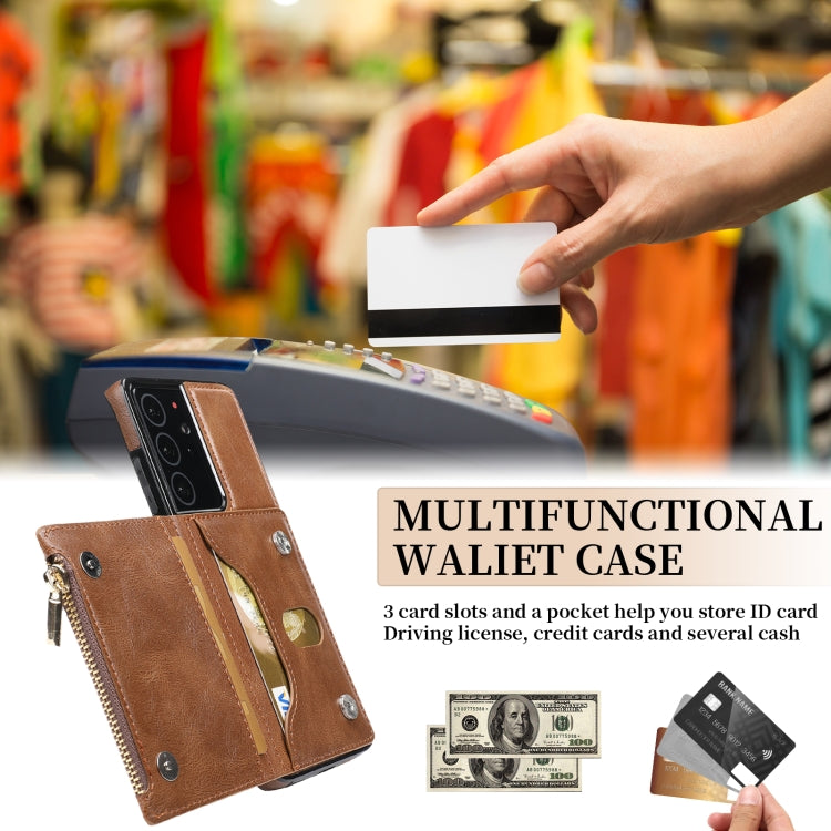 For Samsung Galaxy S21 Ultra 5G Zipper Wallet Bag PU Back Cover Shockrpoof Phone Case with Holder & Card Slots & Wallet