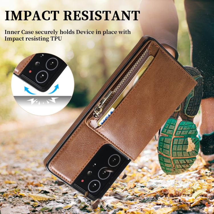 For Samsung Galaxy S21 Ultra 5G Zipper Wallet Bag PU Back Cover Shockrpoof Phone Case with Holder & Card Slots & Wallet