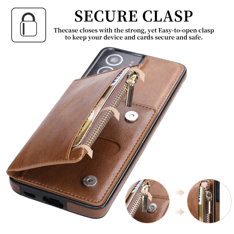 For Samsung Galaxy S21 Ultra 5G Zipper Wallet Bag PU Back Cover Shockrpoof Phone Case with Holder & Card Slots & Wallet