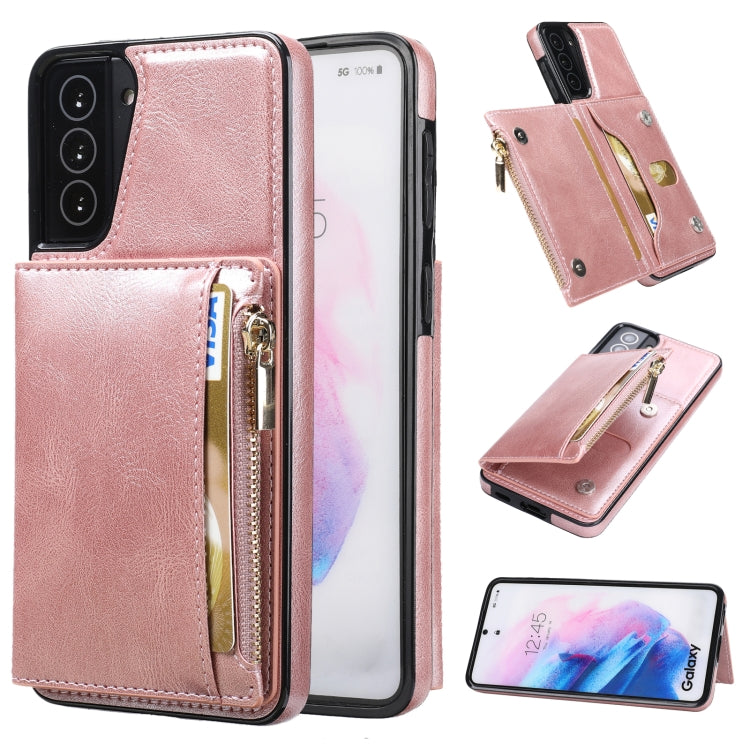For Samsung Galaxy S21+ 5G Zipper Wallet Bag PU Back Cover Shockrpoof Phone Case with Holder & Card Slots & Wallet