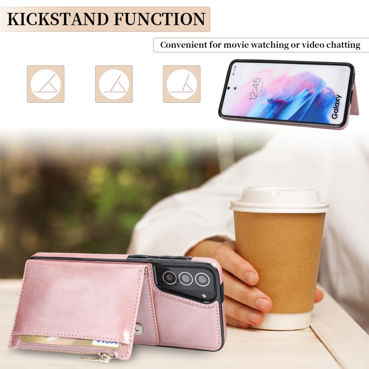 For Samsung Galaxy S21+ 5G Zipper Wallet Bag PU Back Cover Shockrpoof Phone Case with Holder & Card Slots & Wallet