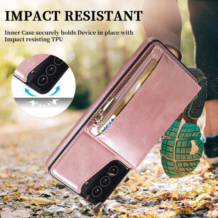 For Samsung Galaxy S21+ 5G Zipper Wallet Bag PU Back Cover Shockrpoof Phone Case with Holder & Card Slots & Wallet