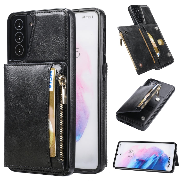 For Samsung Galaxy S21+ 5G Zipper Wallet Bag PU Back Cover Shockrpoof Phone Case with Holder & Card Slots & Wallet