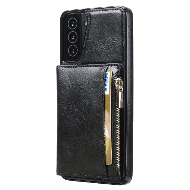 For Samsung Galaxy S21+ 5G Zipper Wallet Bag PU Back Cover Shockrpoof Phone Case with Holder & Card Slots & Wallet