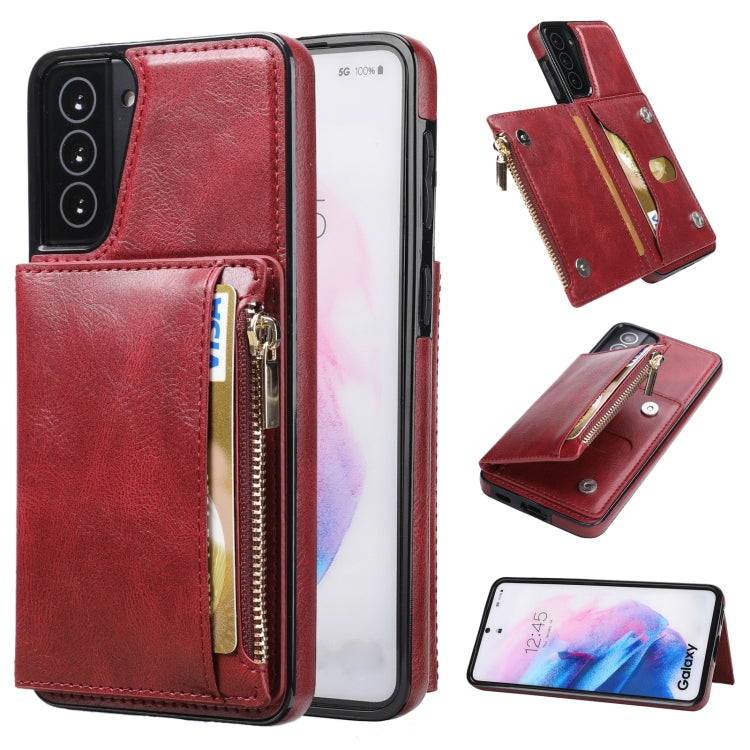 For Samsung Galaxy S21+ 5G Zipper Wallet Bag PU Back Cover Shockrpoof Phone Case with Holder & Card Slots & Wallet