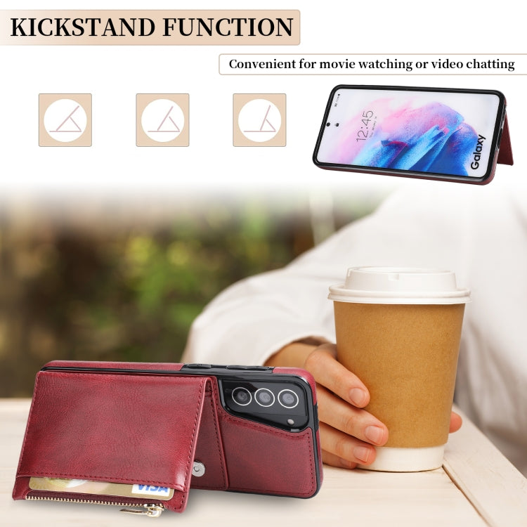 For Samsung Galaxy S21+ 5G Zipper Wallet Bag PU Back Cover Shockrpoof Phone Case with Holder & Card Slots & Wallet