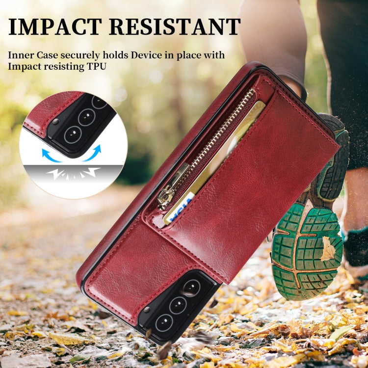 For Samsung Galaxy S21+ 5G Zipper Wallet Bag PU Back Cover Shockrpoof Phone Case with Holder & Card Slots & Wallet